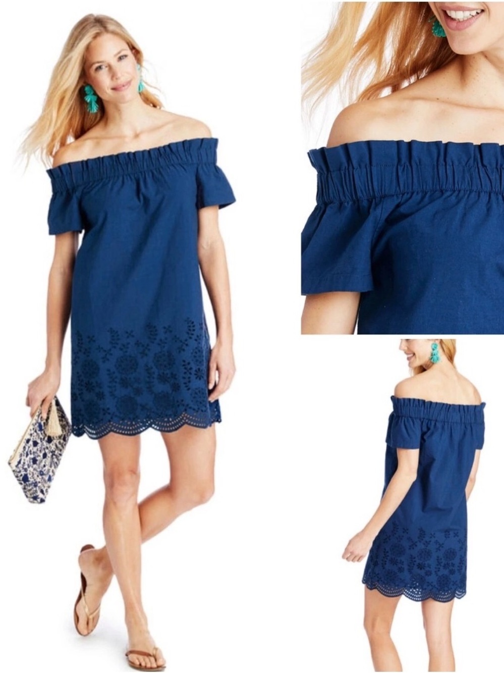 Vineyard Vines Deep Bay Navy Blue Off-The-Shoulder Eyelet Scallop Hem Dress